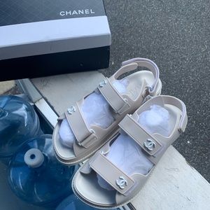 Chanel Velcro flat strap sandals beige